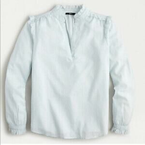 J. CREW Light Blue Ruffle Trim V-Neck Popover Clip Dot Long Sleeve Blouse L NWT